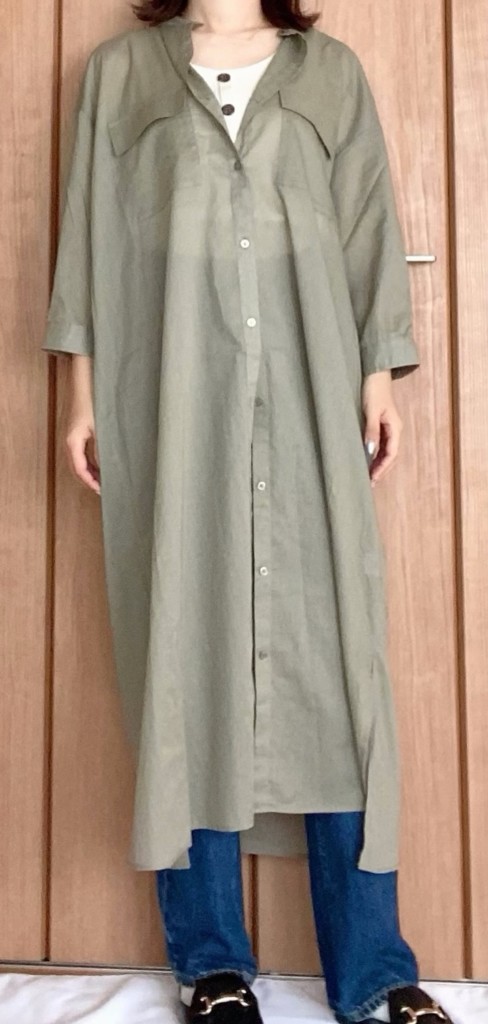 シアーバンドカラーワンピース着